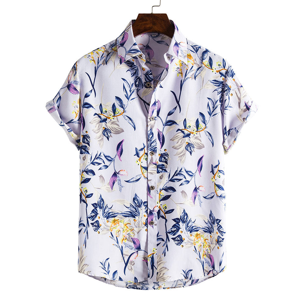 Herr Sommar Blommigt Mönster Kortärmad Skjorta Slagkrage Slim Fit Holiday Topp