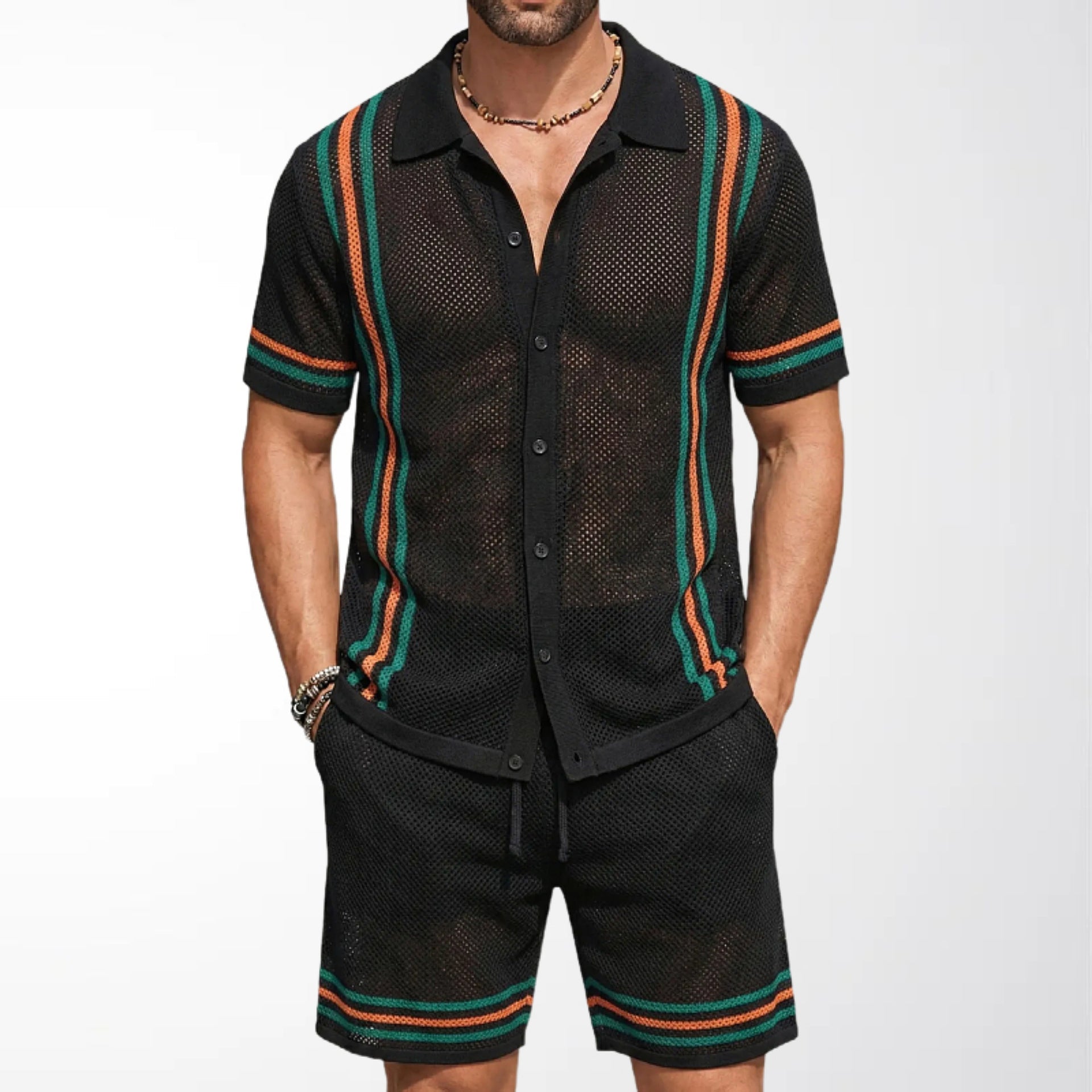 Herr Ihålig Stickad Polo Och Shorts Tvådelat Set