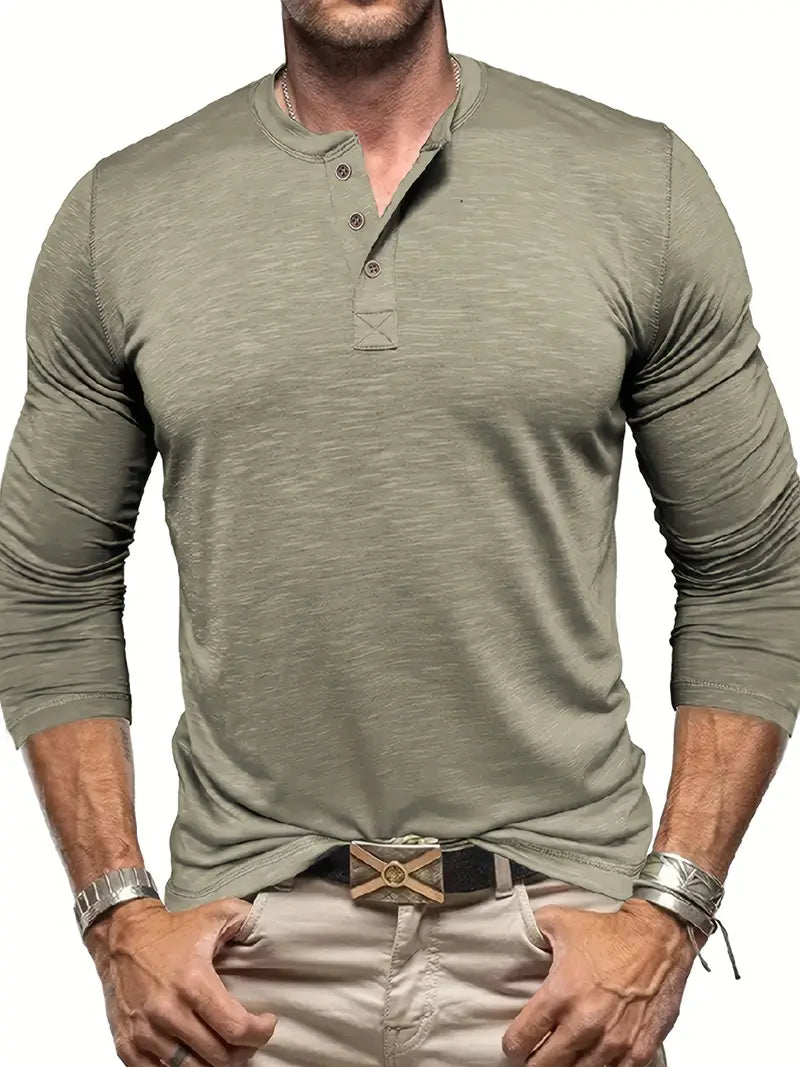 Herr Långärmad Henley T-Shirt Med Knäppning Vid Halsringning
