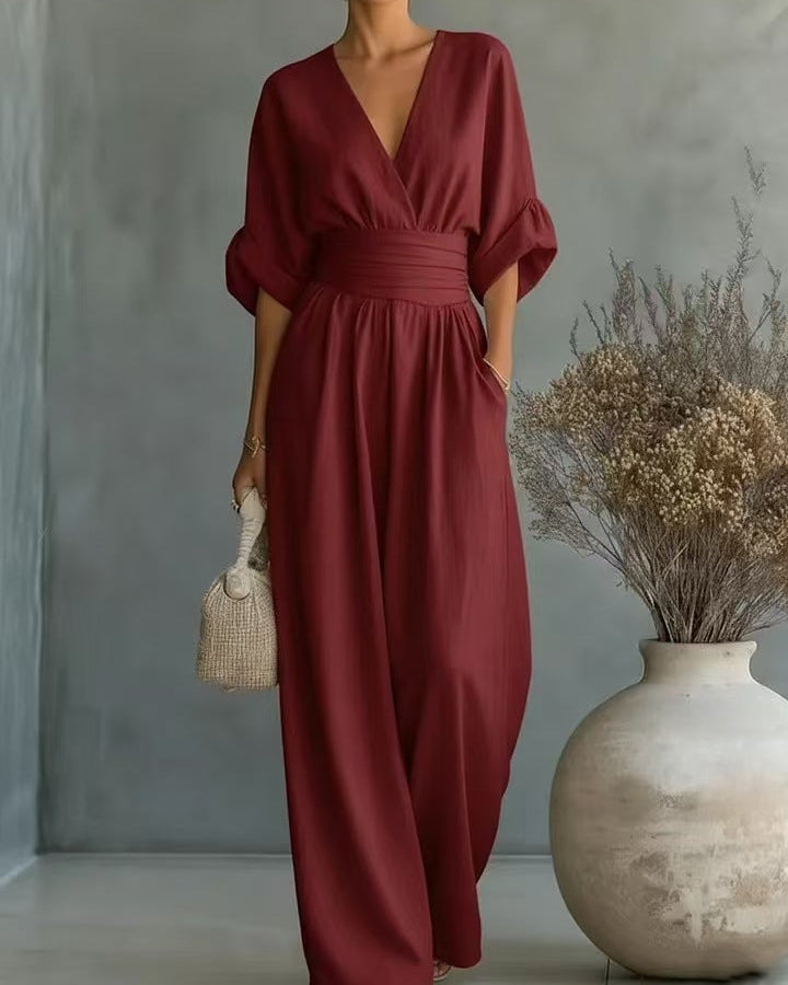 Damjumpsuit V-Ringad Hög Midja Full Längd Slim Fit