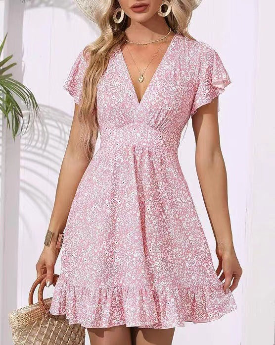 Sommarklänning Med Blommönster Och V-Ringning Och Volangärm För Kvinnor