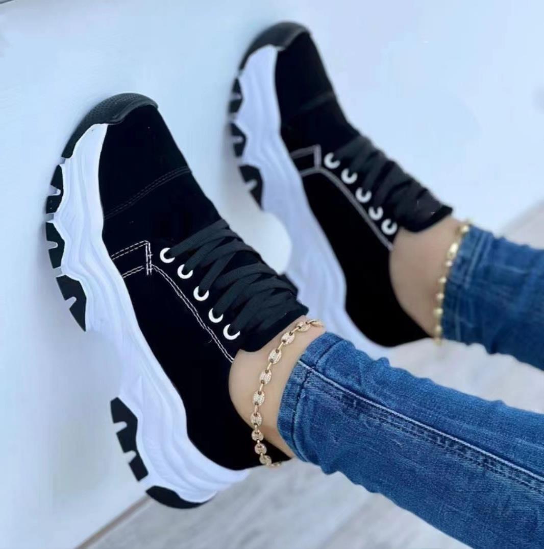 Dam Sommar Platå Sport Flats Sneakers Med Snörning Rund Tå Med Medelhög Klack
