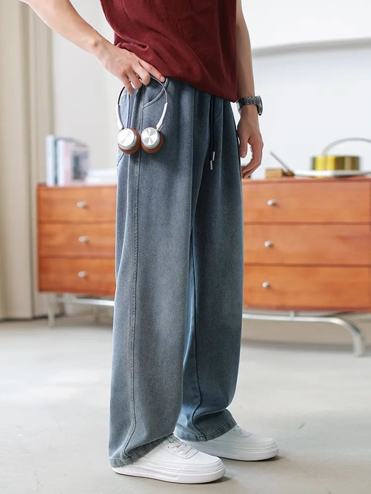 Herr Vår Denim Jeans Lös Passform Raka Ben Tvättade