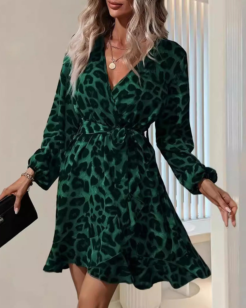 Dam Sommarklänning Med Leopardmönster Och V-Ringning, Asymmetrisk Midiklänning