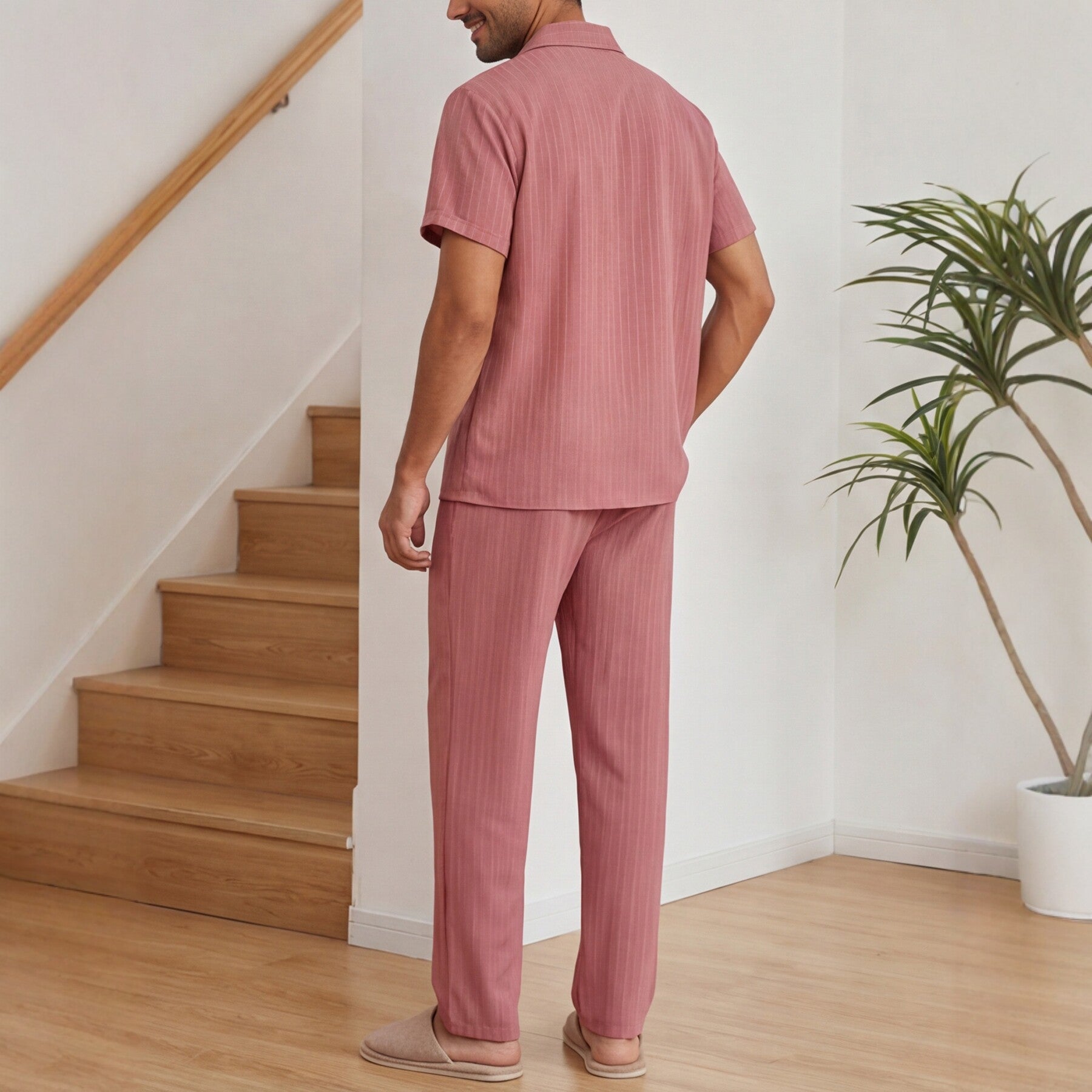Herr Kortärmat Randigt Loungewear Set Långa Byxor Skjorta Med Knappar Lätt Tvådelad Outfit