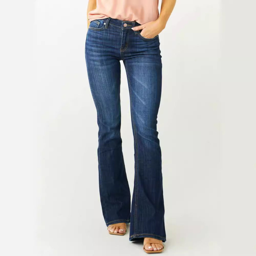 Utsvängda Jeans Med Medelhög Midja Och Sliten Bootcut-Design För Kvinnor