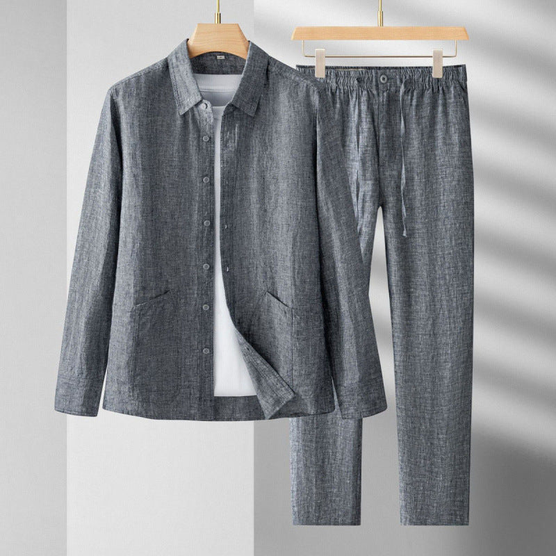 Herr Långärmad Linneblandad Kostym Normal Passform Acetatfiber Casual Tvådelat Set