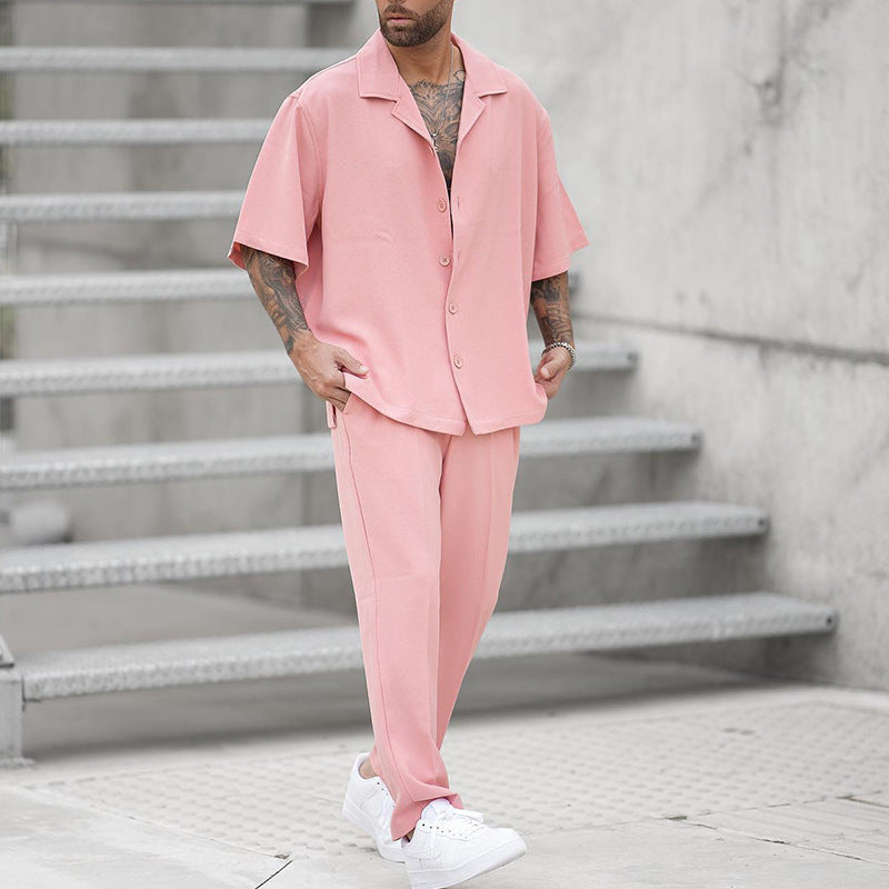 Herr Sommar Tvådelat Skjorta Byxset Vävd Lätt Enfärgad Färg Matchande Outfit Flera Storlekar