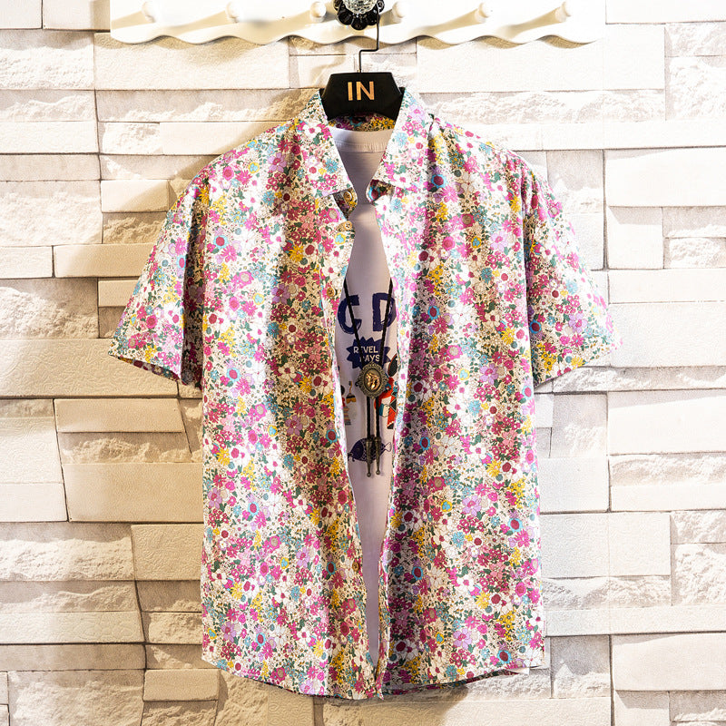 Herr Sommar Blommigt Mönster Kortärmad Skjorta Slagkrage Slim Fit Kofta Stil Multifärgad