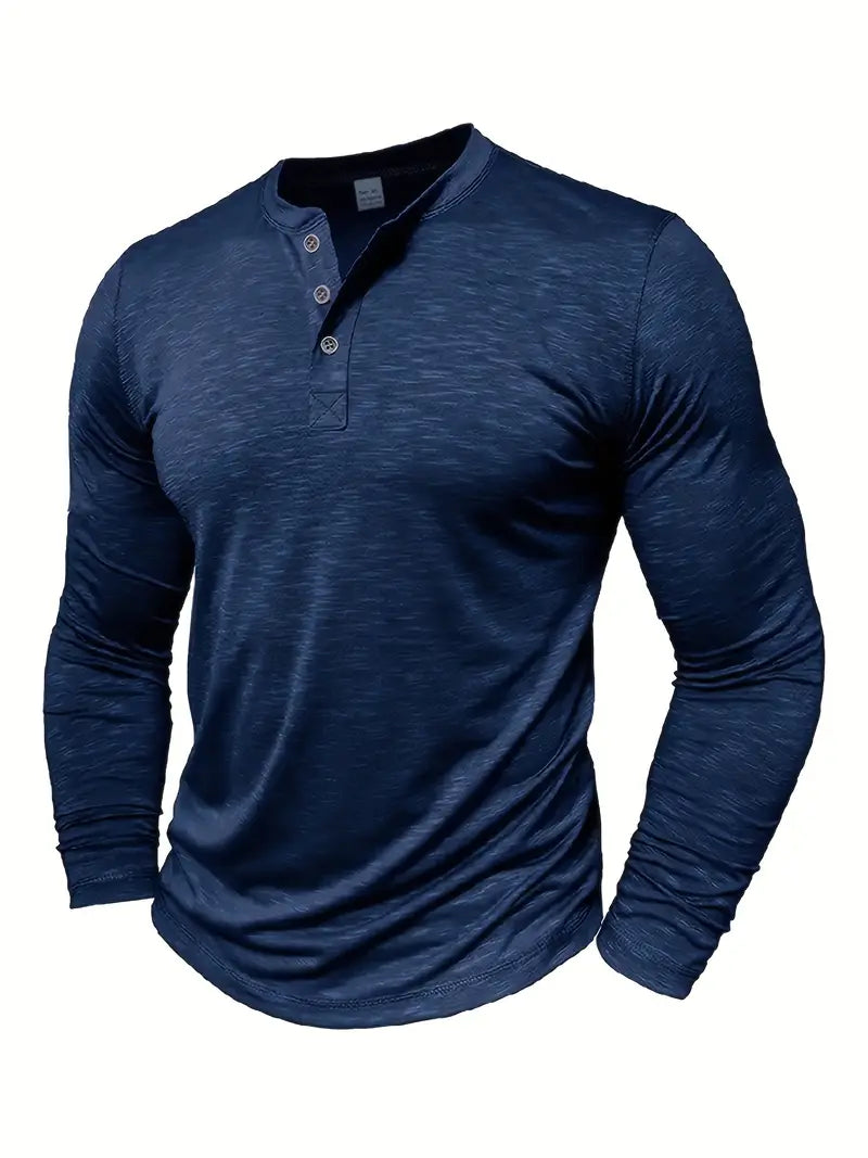 Herr Långärmad Henley T-Shirt Med Knäppning Vid Halsringning