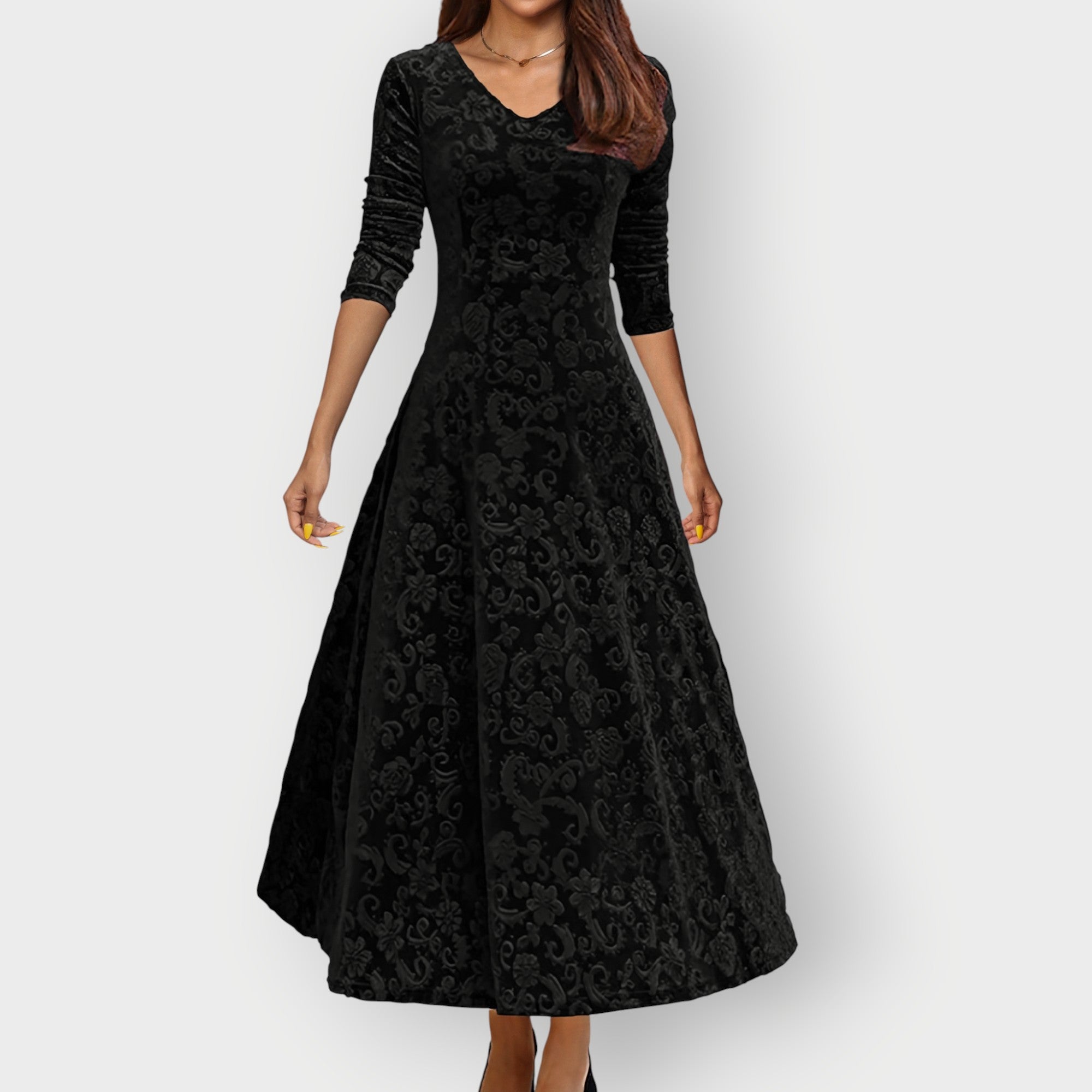 Kvinnoklänning Jacquard Sammet Midi V-ringad Fit-and-Flare