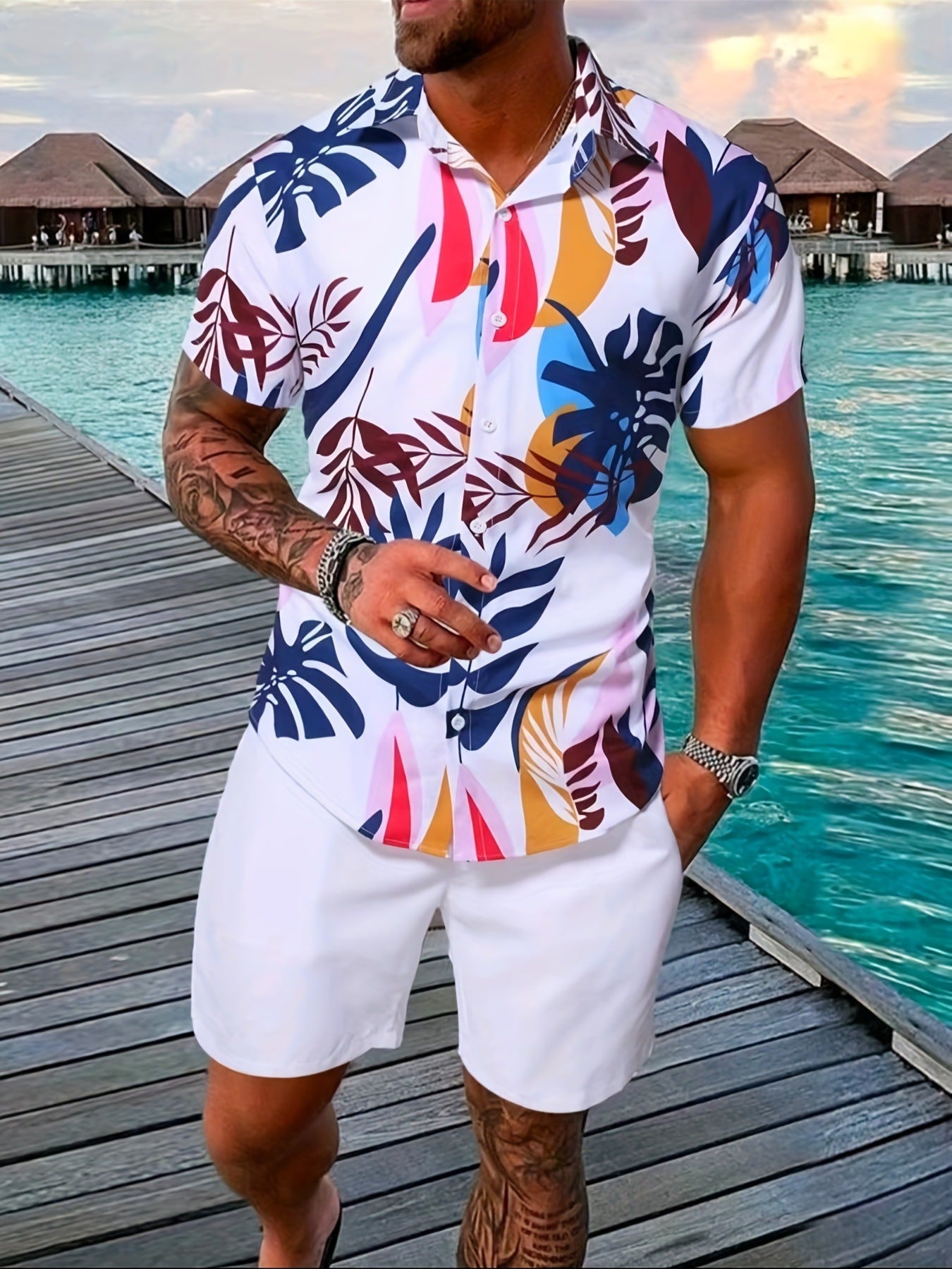 Herr Sommarshortsset Kortärmad T-Shirt Och Shorts Bomullsblandning