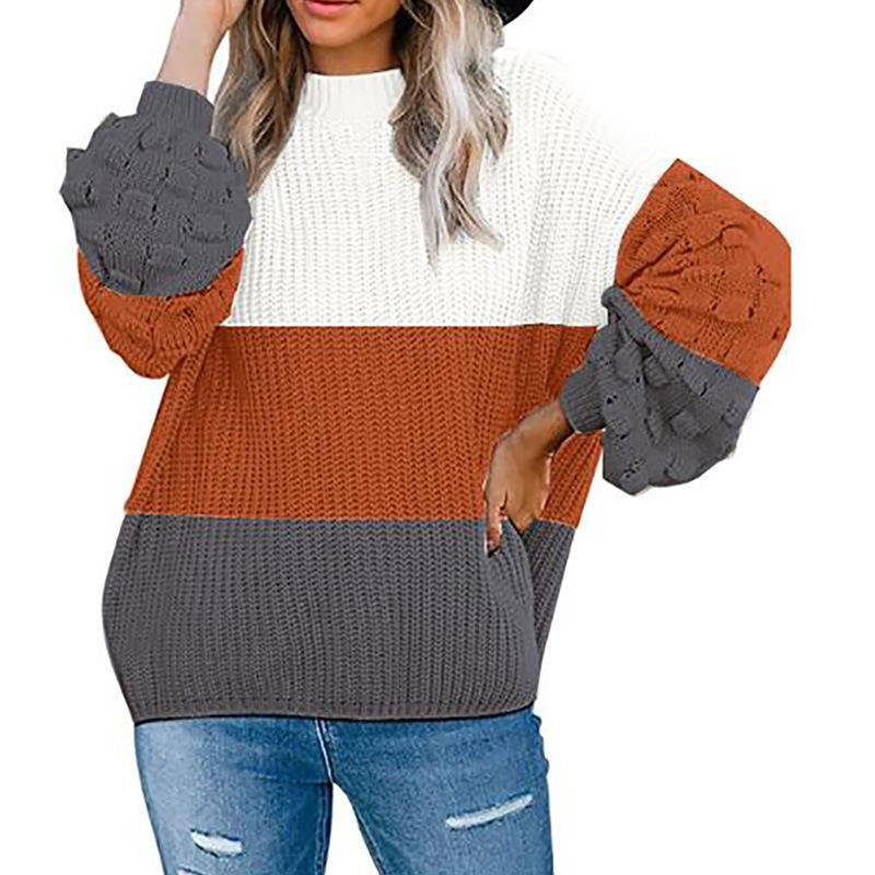 Lösstickad Tröja För Kvinnor Med Rund Halsringning Och Puffärmar