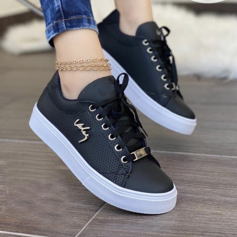 Platta Sneakers Med Snörning För Kvinnor, Andningsbara, Rund Tå, Låg Pu-Sula