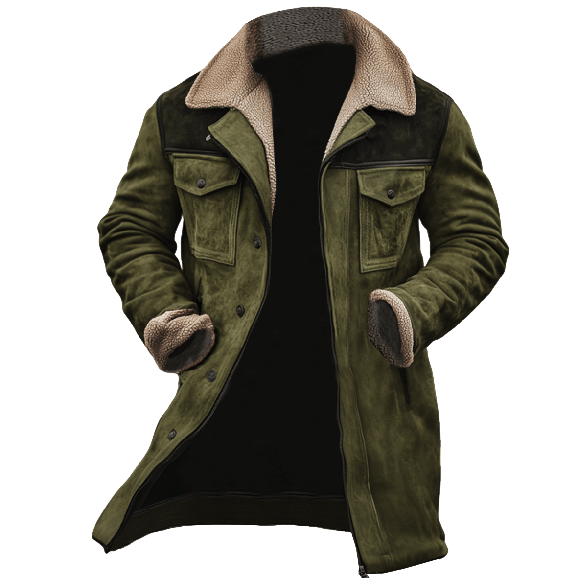 Lång Herrvinterkappa Med Knappar Framtill Och Shearling-Detaljer