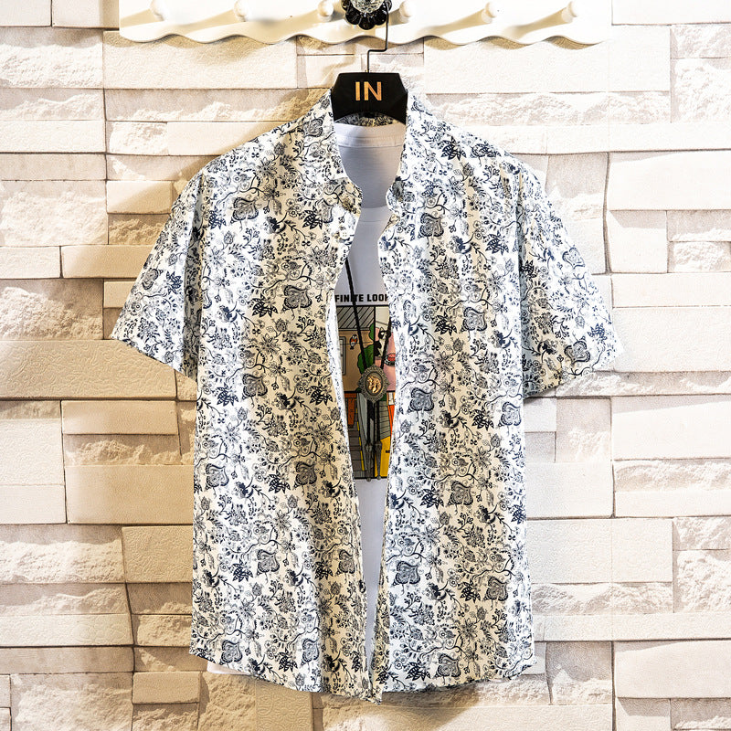 Herr Sommar Blommigt Mönster Kortärmad Skjorta Slagkrage Slim Fit Kofta Stil Multifärgad
