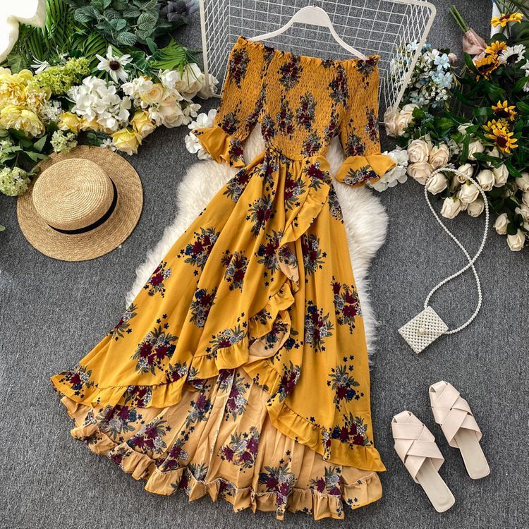 Kvinnors Sommarklänning Med Off-Shoulder-Motiv Och Kortärmad Volang