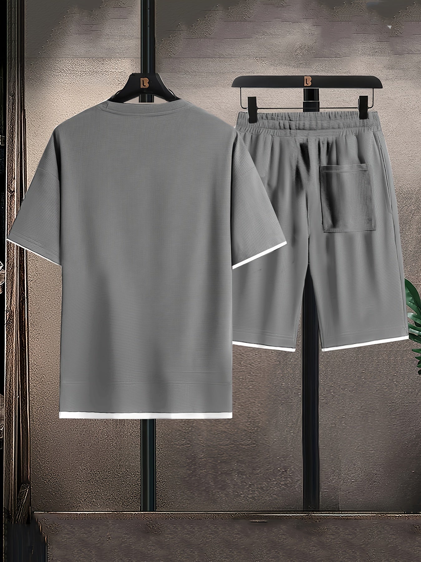 Herr Tvådelat Set Våffelstickad T-Shirt Dragsko Shorts