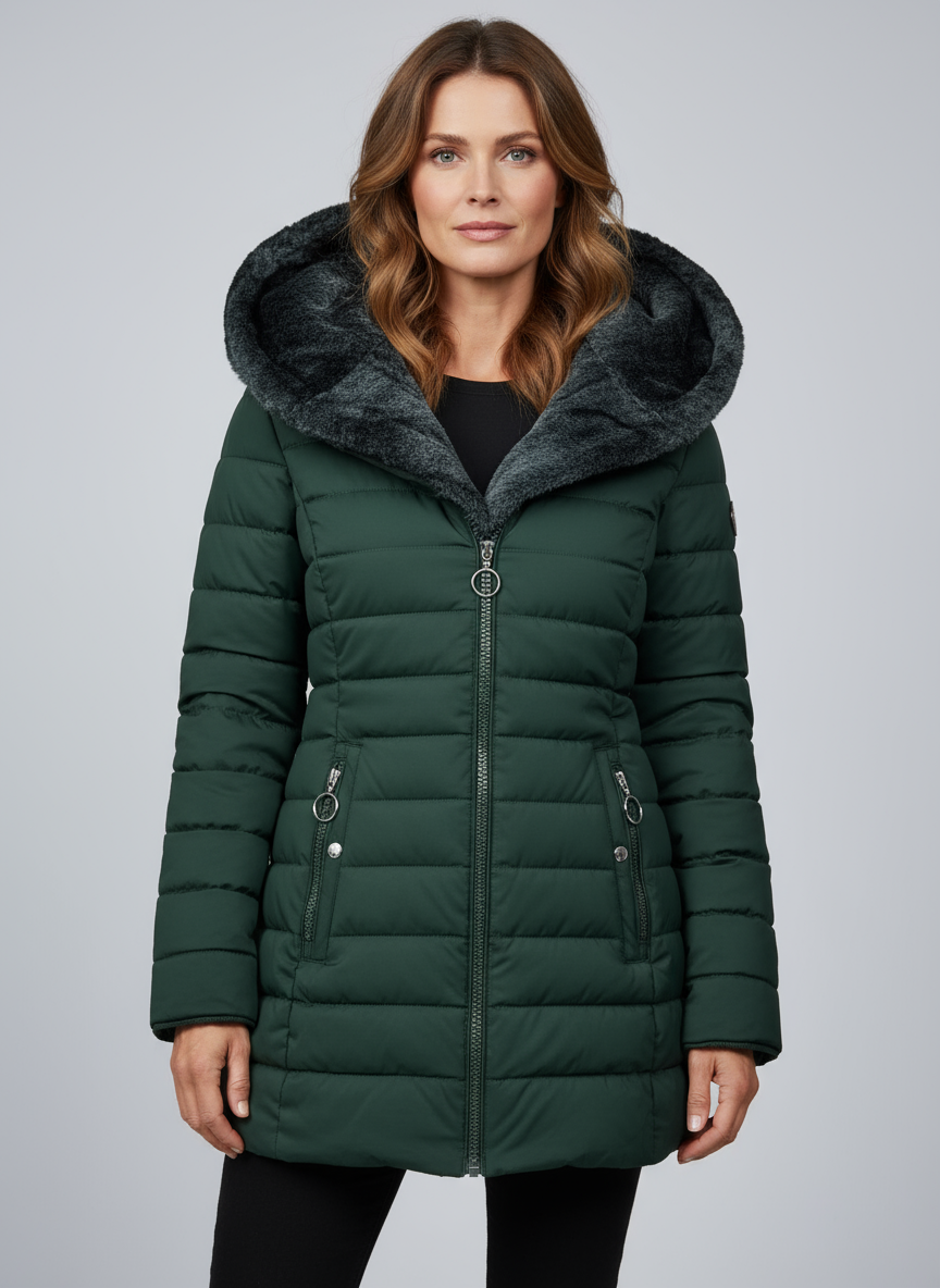 Kvinna Vinterjacka Med Mjuk Fodring Asymmetrisk Dragkedja Och Huva