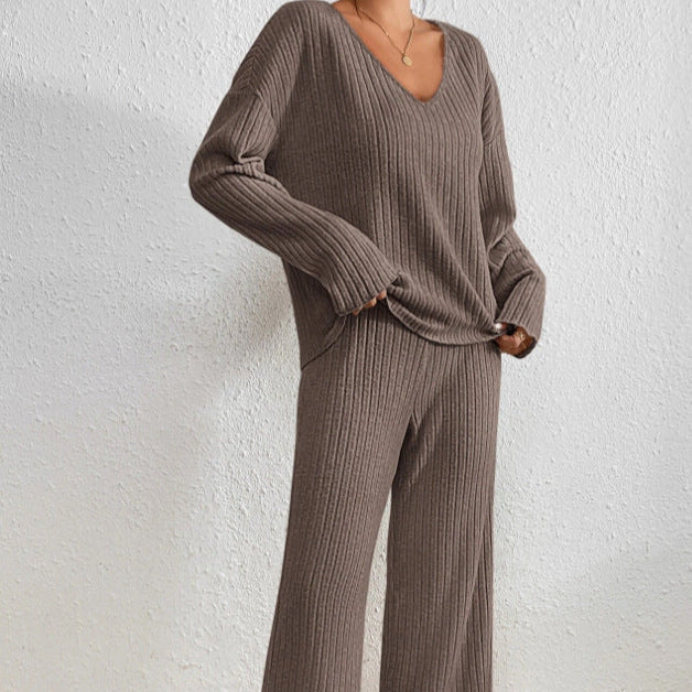 Dam Stickat Tvådelat Set Loungewear Med Elastisk Midja