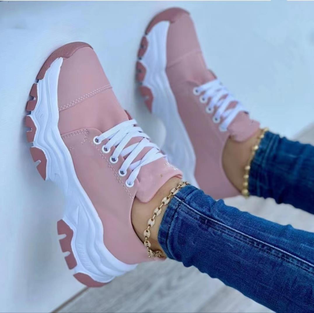 Dam Sommar Platå Sport Flats Sneakers Med Snörning Rund Tå Med Medelhög Klack