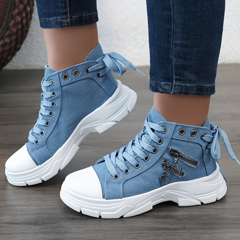 Damplatåsneakers Med Förhöjd Sula, Snörning Och Dragkedja I Sidan