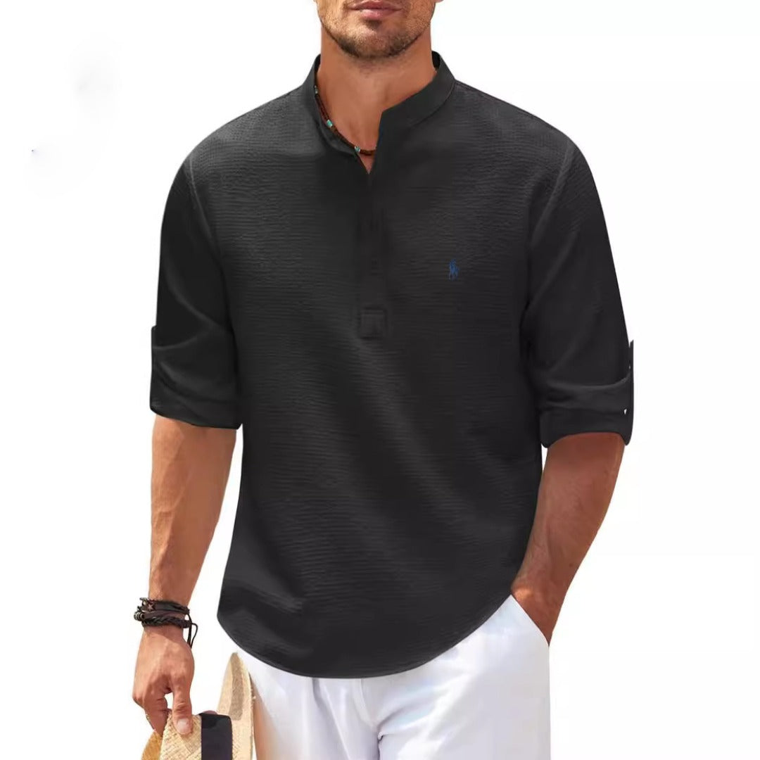 Herr Sommarskjorta Med Mandarinkrage Och Halv Knapp