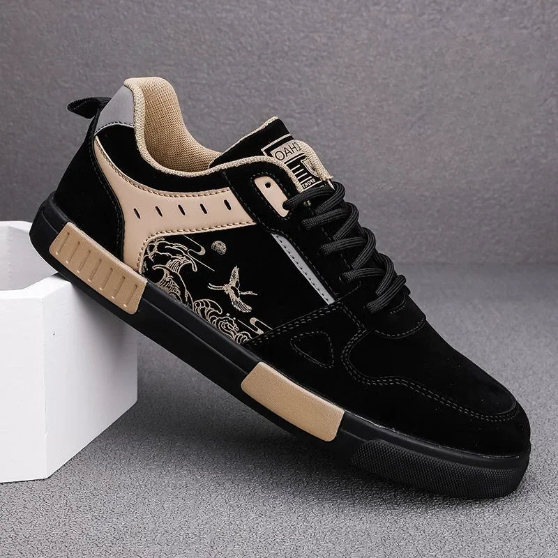 Sneakers för Herr i Cream och Brun med Våg- och Fågelsgrafik och Vadderad Innersula