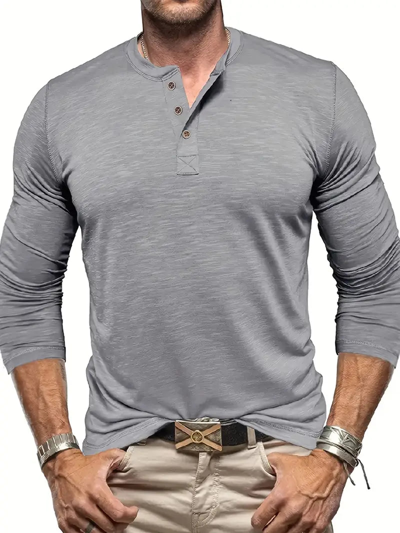 Herr Långärmad Henley T-Shirt Med Knäppning Vid Halsringning