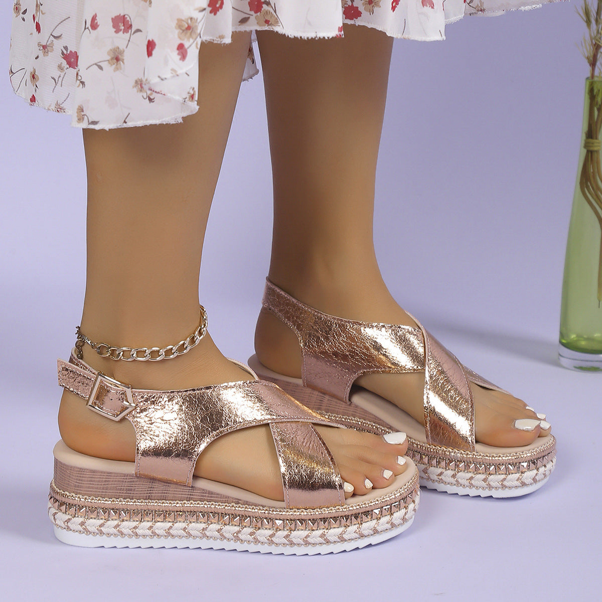 Dam Sommar Plus Size Platform Kilklackade Sandaler Med Fiskmunnsspänne