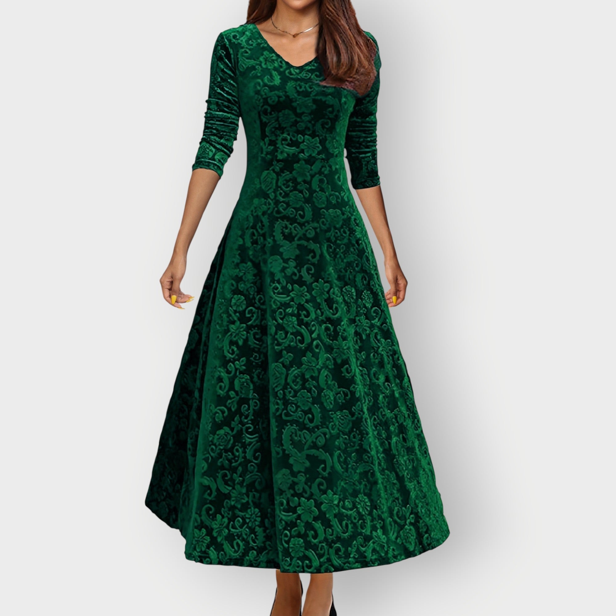 Kvinnoklänning Jacquard Sammet Midi V-ringad Fit-and-Flare
