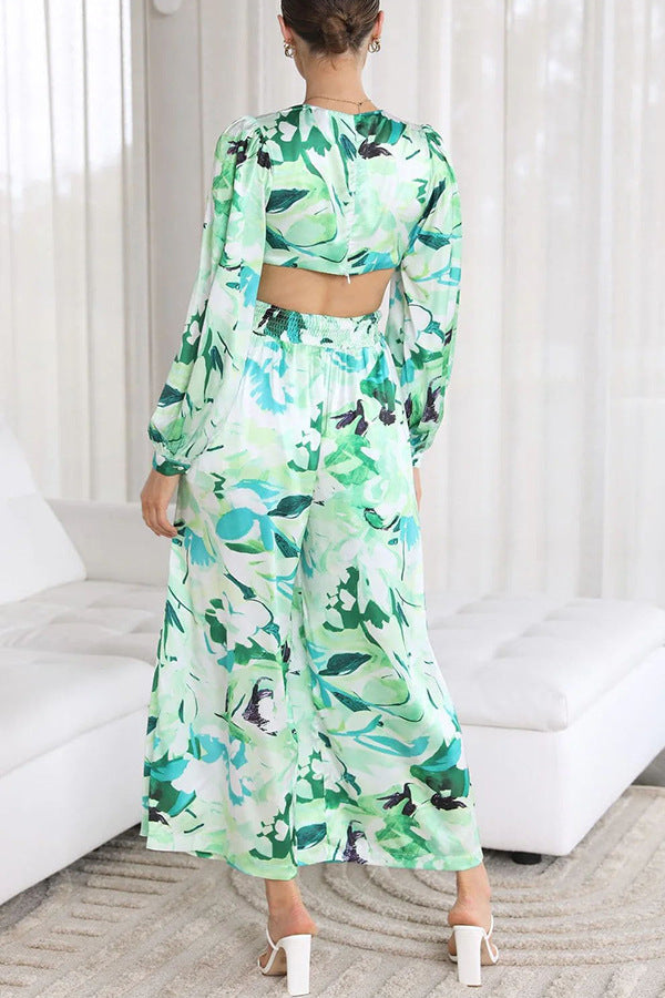 Jumpsuit För Kvinnor, Rygglös, Blommigt Tryck, Långärmad, Hög Midja, Raka Ben