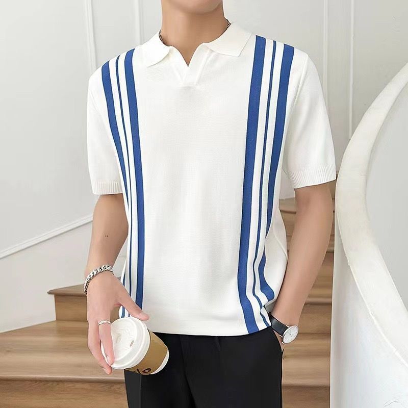 Herr Sommar T-Shirt Med Blandade Färger Och Randig Halvärm Och Slagmönster, Smal Passform