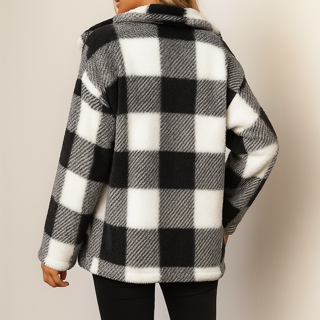 Kvinnors vinterjacka med rutigt mönster, tryckknappsstängning och bröstfickor