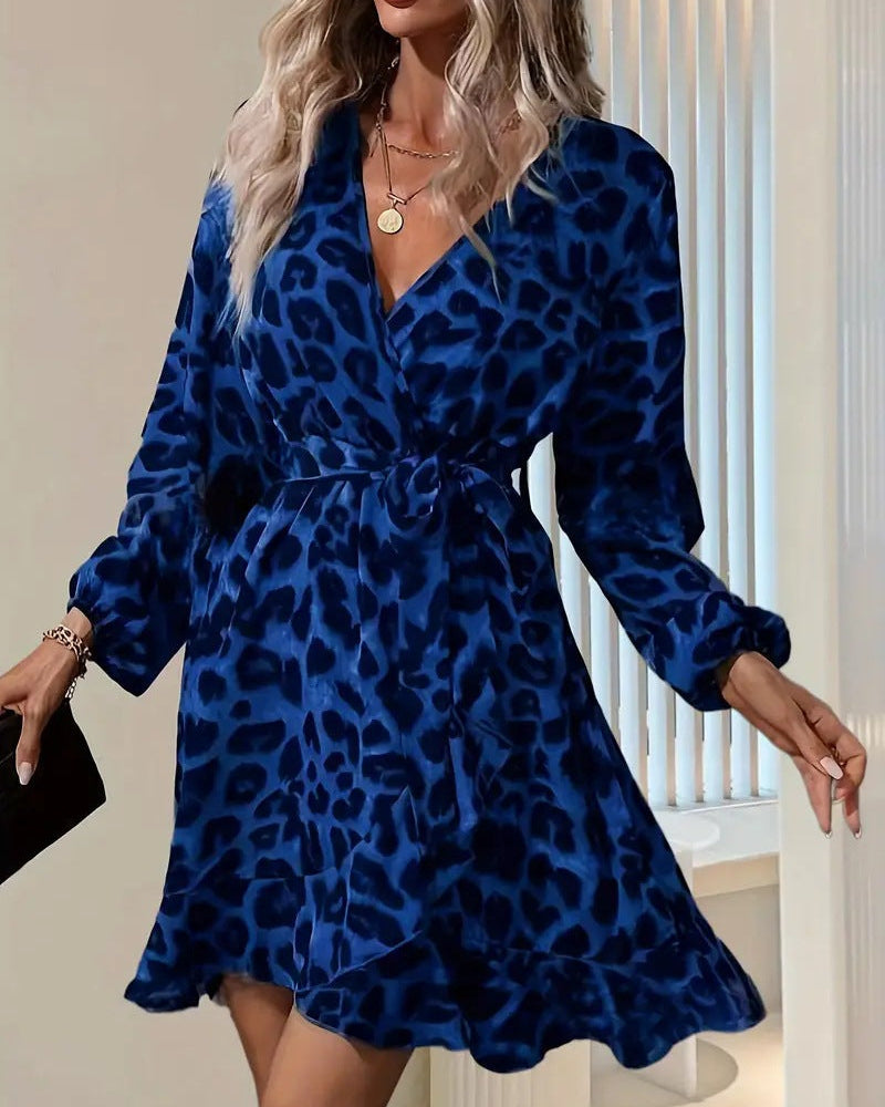 Dam Sommarklänning Med Leopardmönster Och V-Ringning, Asymmetrisk Midiklänning