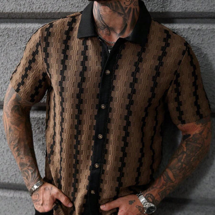 Herr Sommarrutig Stickad Kortärmad Kofta Slim Fit Patchwork Streetwear Topp
