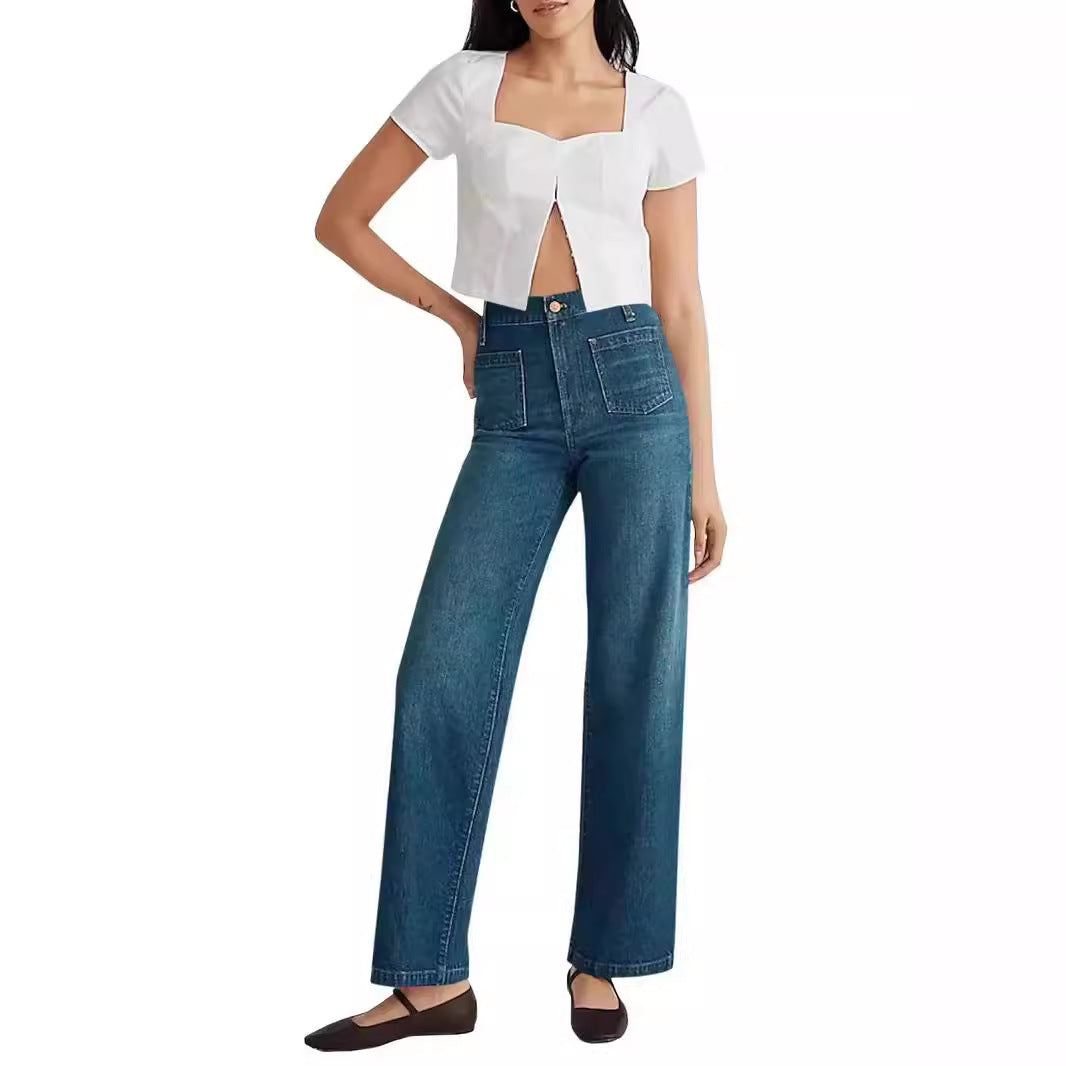 Damjeans Med Hög Midja Och Vida Ben, Sliten Design Med Fyrkantiga Fickor