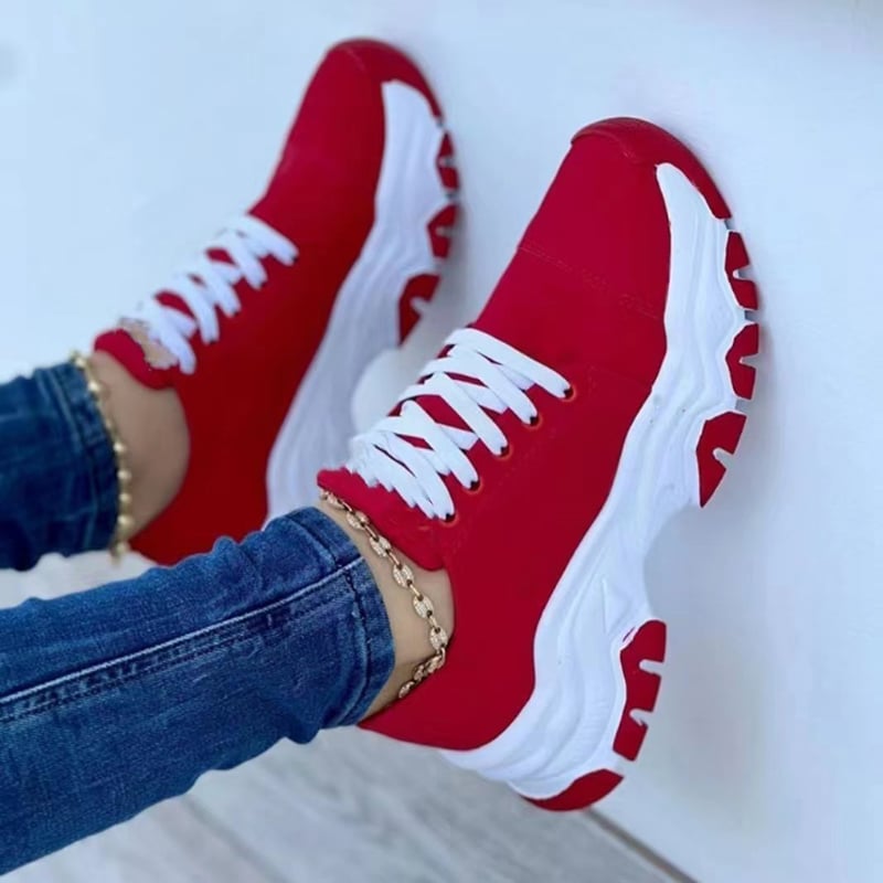 Dam Sommar Platå Sport Flats Sneakers Med Snörning Rund Tå Med Medelhög Klack