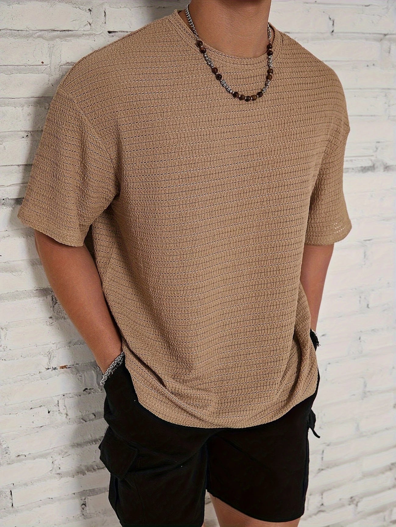 Herr Texturerad Stickad T-Shirt Avslappnad Passform Nedsänkta Axlar