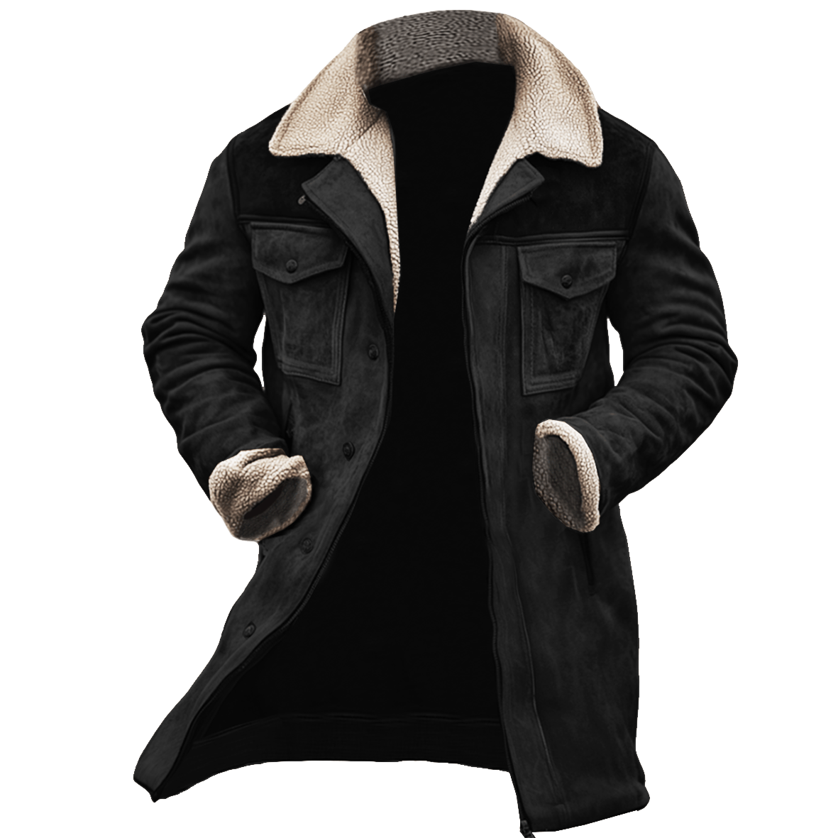 Lång Herrvinterkappa Med Knappar Framtill Och Shearling-Detaljer