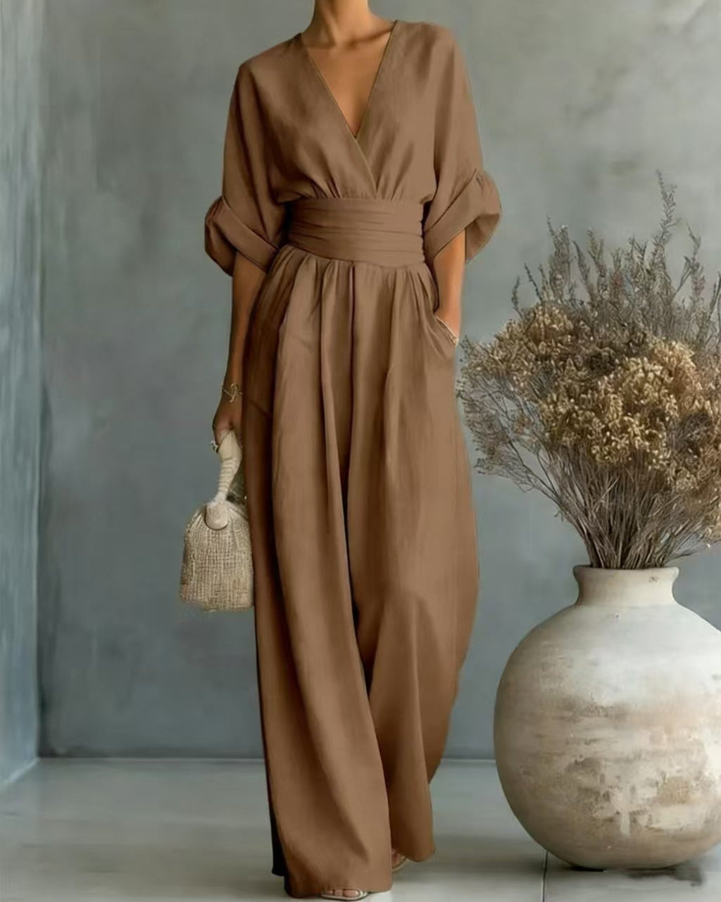 Damjumpsuit V-Ringad Hög Midja Full Längd Slim Fit