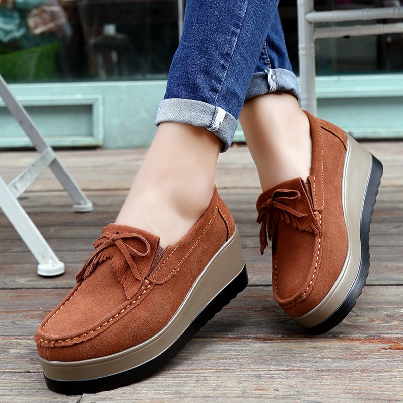 Slip-On Wedge-Skor För Kvinnor Med Tofsrosett Och Tjock Sula