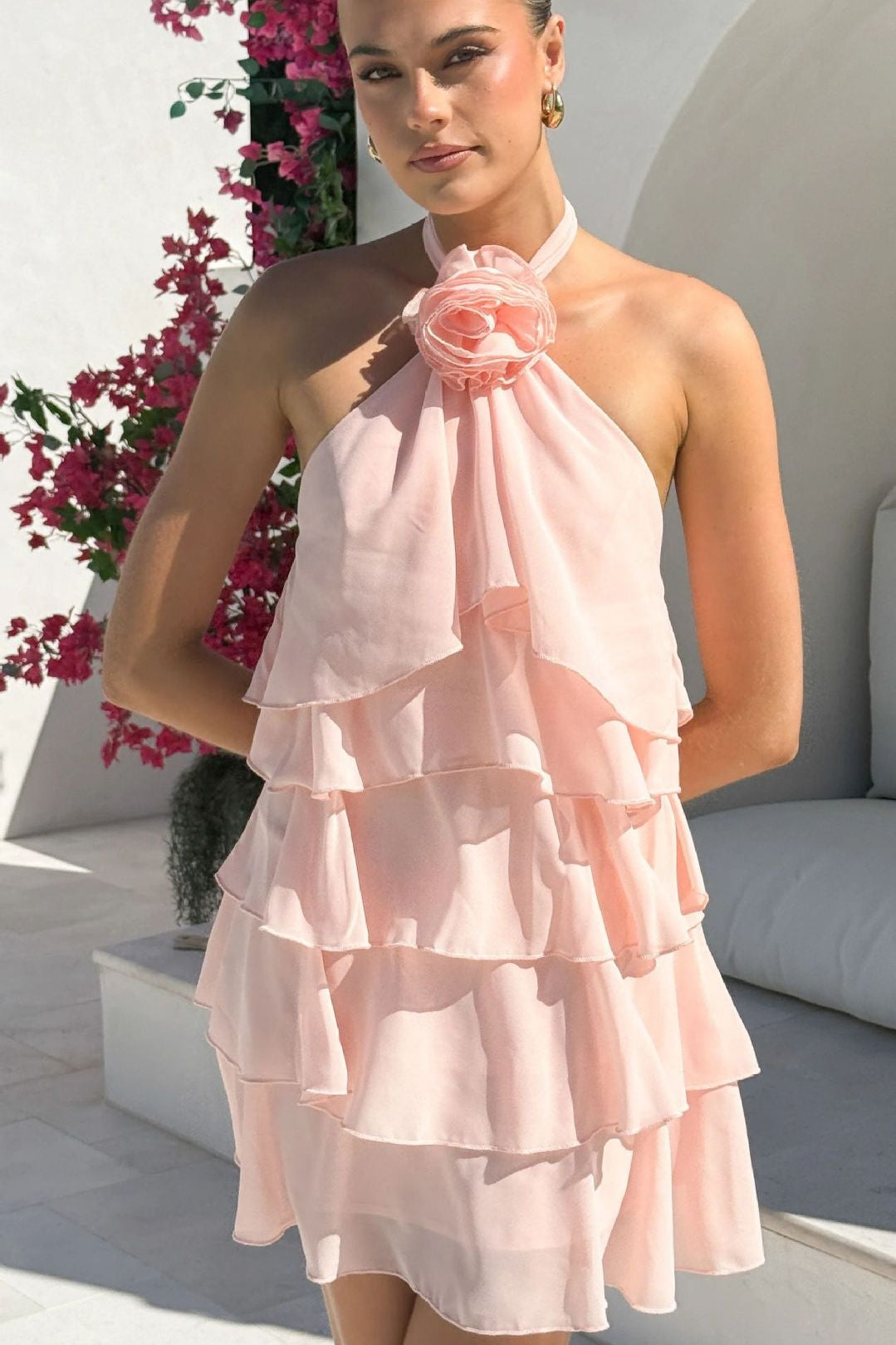 Dam Sommarklänning I Midimodell Med Halterneck, 3D-Blommig, Lager-På-Lager-Ruffle