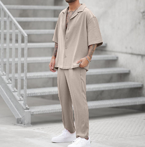 Herr Sommar Tvådelat Skjorta Byxset Vävd Lätt Enfärgad Färg Matchande Outfit Flera Storlekar