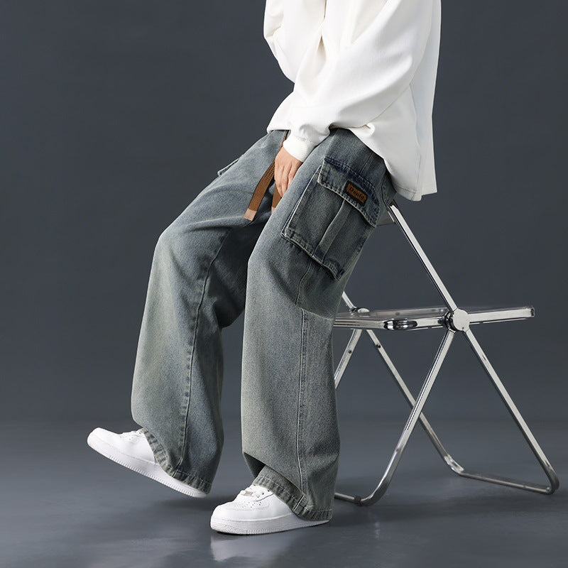 Höstjeans med vida ben, rak passform, löst draperande, tonade tvättade jeans, medelhög midja, mikroelastiska