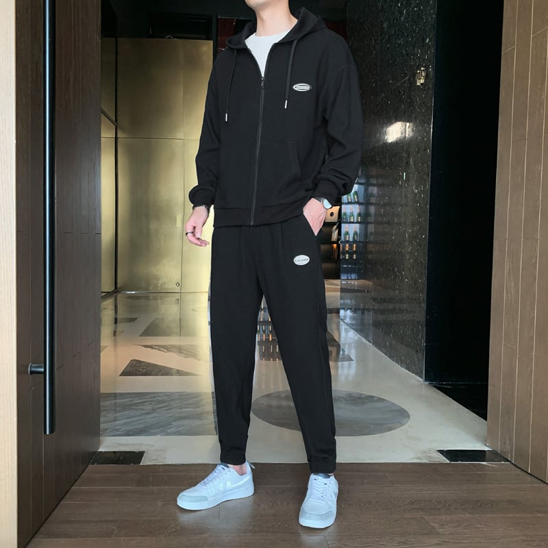 Herr Träningsset Våffeltyg Tvådelat Huvtröja Långärmad Byxor