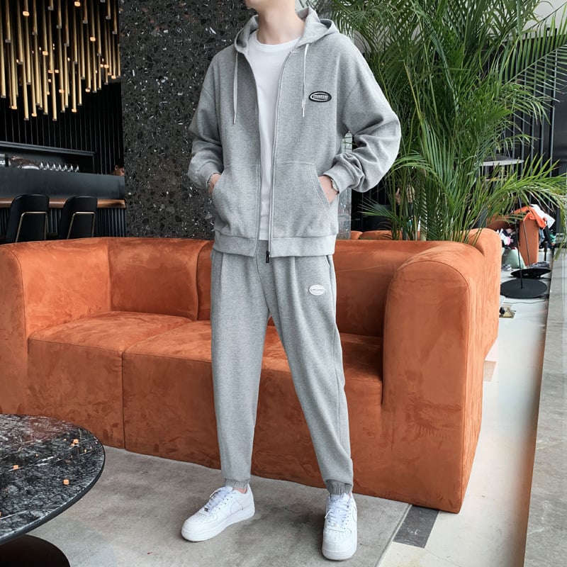 Herr Träningsset Våffeltyg Tvådelat Huvtröja Långärmad Byxor