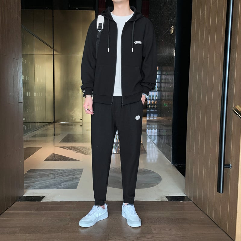 Herr Träningsset Våffeltyg Tvådelat Huvtröja Långärmad Byxor