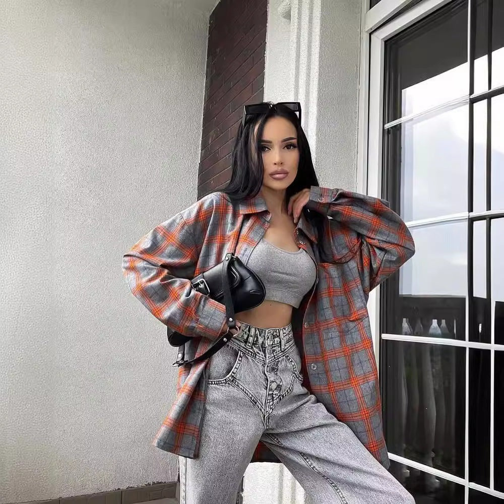 Dam Rutig Lång Cardigan Skjorta Med Slag Och Knäppning Fram