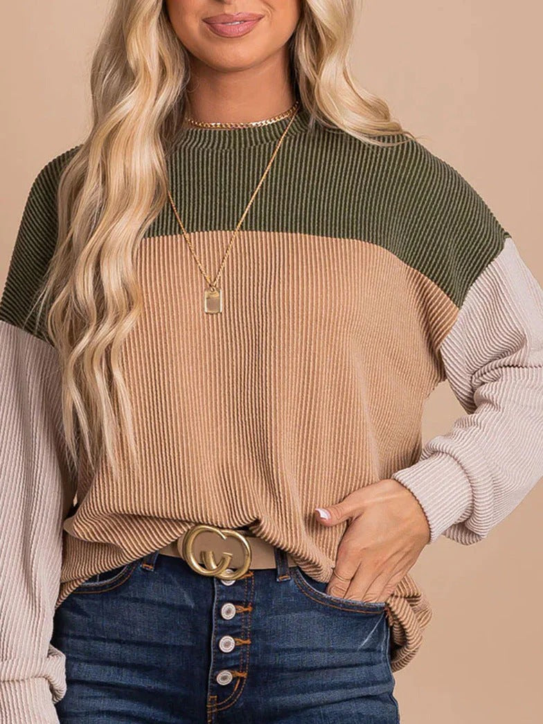 Kvinnors Vårtröja med Lång Ärm och Kontrastfärg i Lös Passform